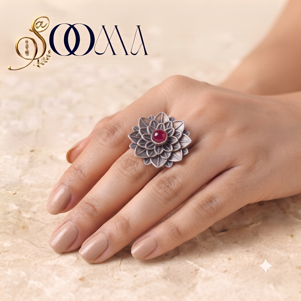 Oxidized Silver Layered Lotus Pink Stone Ring | Sooma, RG00024P