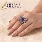 Oxidized Silver Layered Lotus Pink Stone Ring | Sooma, RG00024P