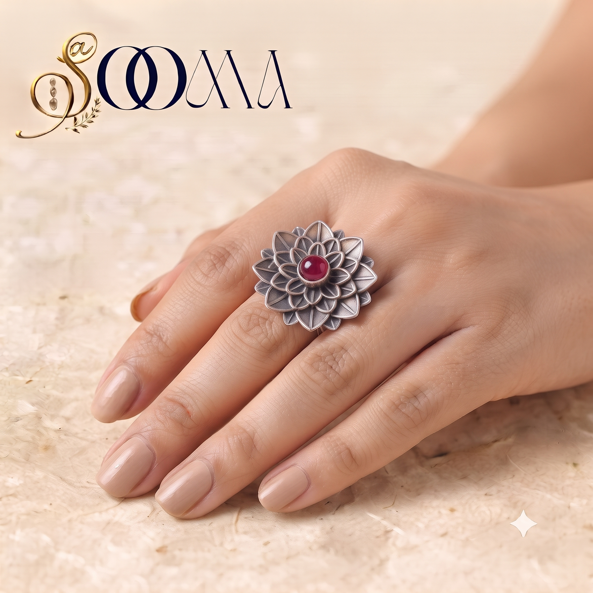 Oxidized Silver Layered Lotus Pink Stone Ring | Sooma, RG00024P