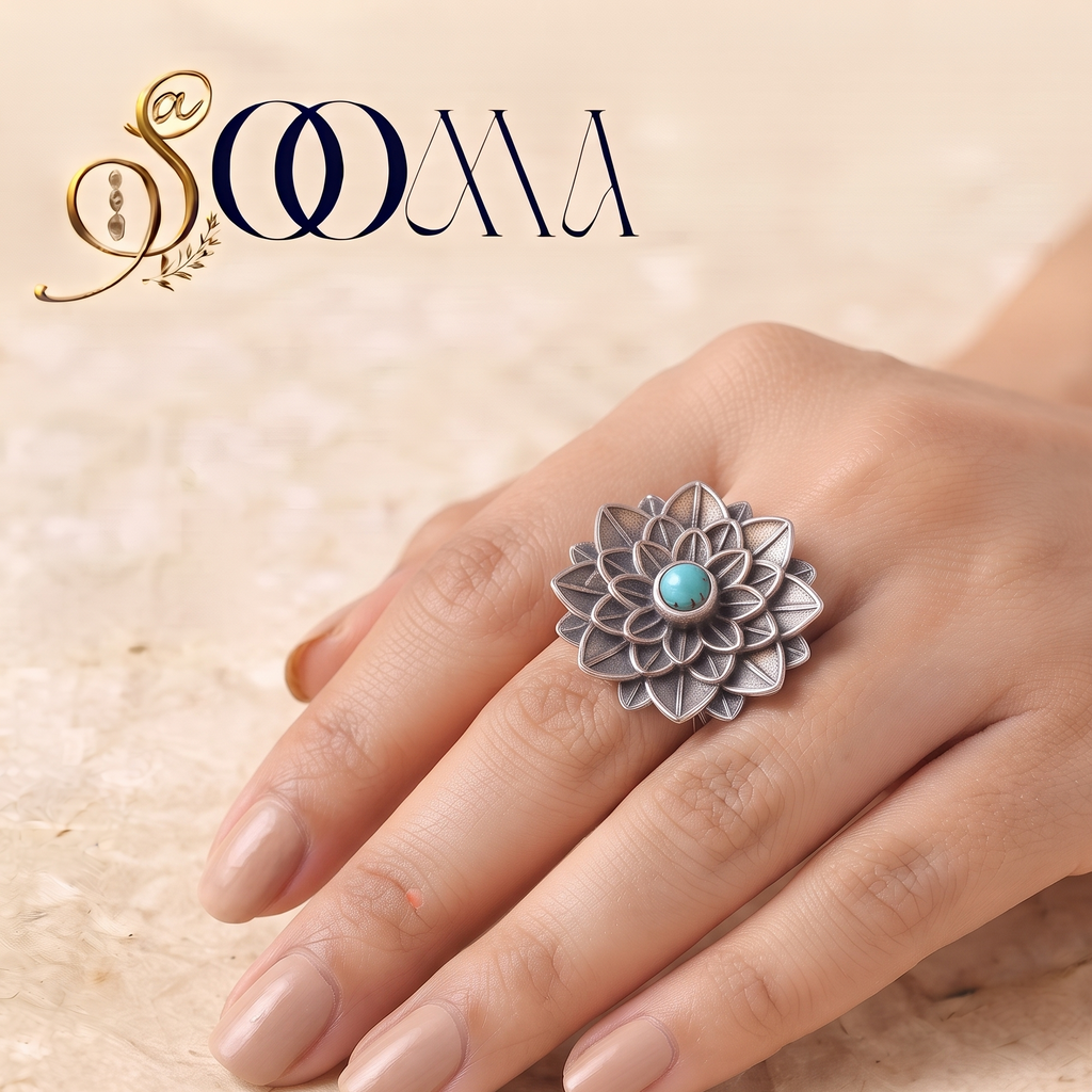 Oxidized Silver Layered Lotus Turq Stone Ring | Sooma, RG00024 T