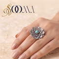 Oxidized Silver Layered Lotus Turq Stone Ring | Sooma, RG00024 T