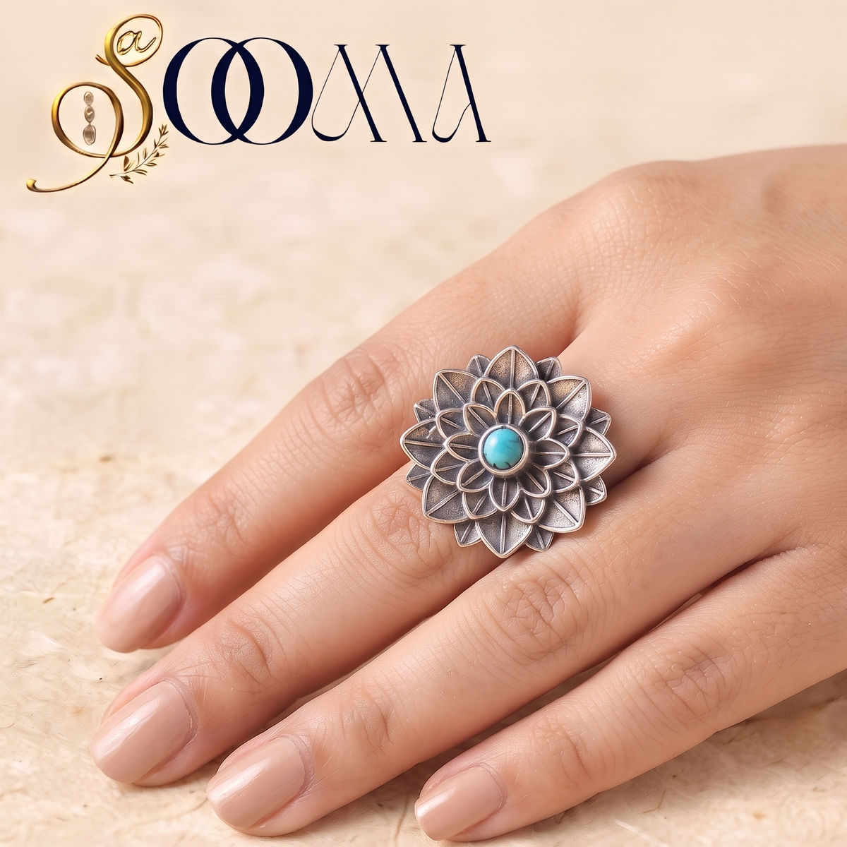 Oxidized Silver Layered Lotus Turq Stone Ring | Sooma, RG00024 T