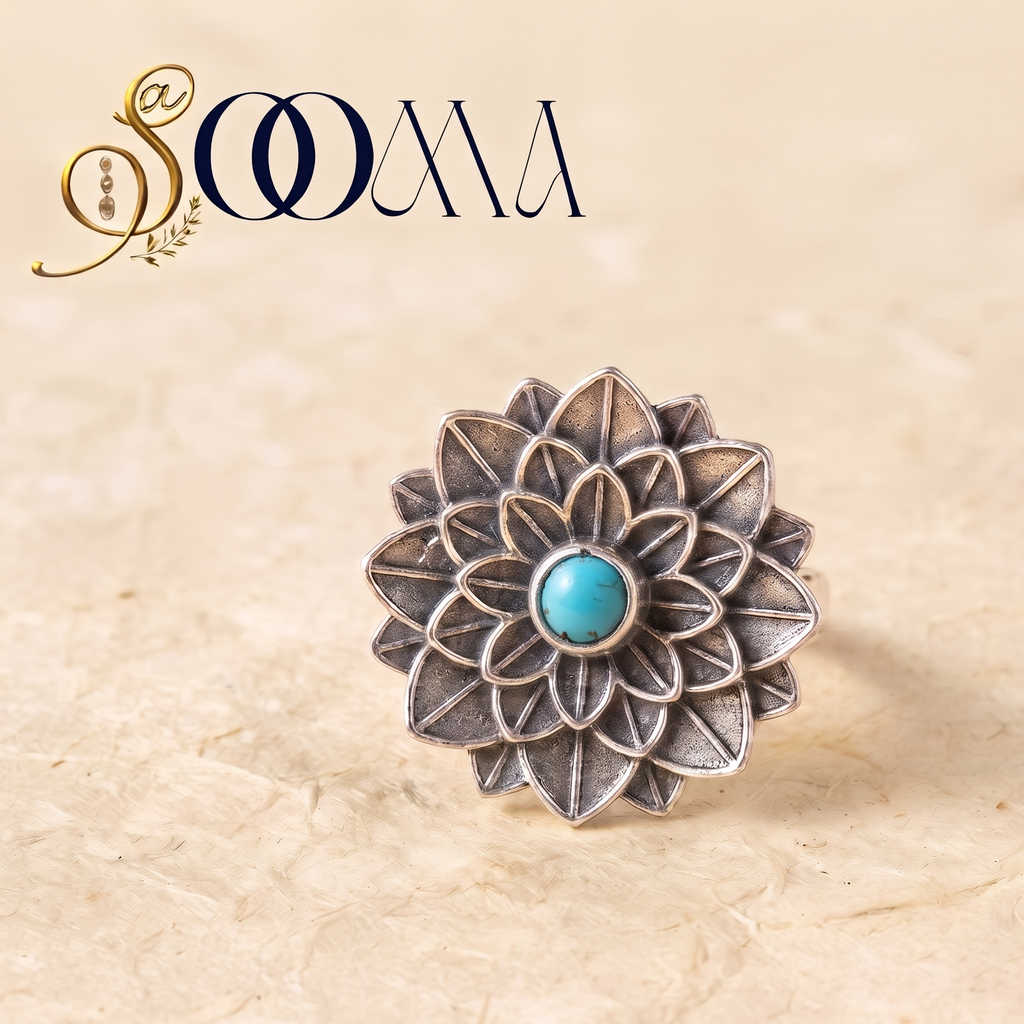 Oxidized Silver Layered Lotus Turq Stone Ring | Sooma, RG00024 T