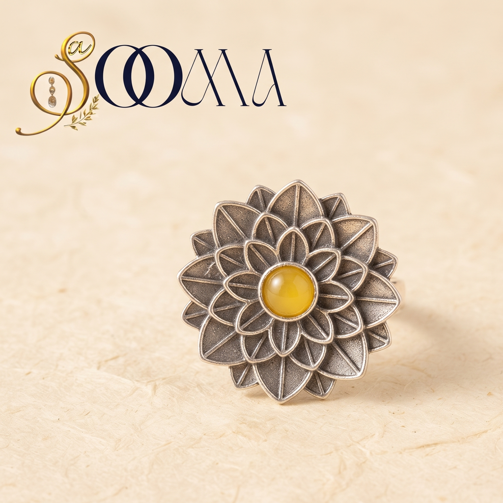 Model hand wearing a large oxidized silver layered dahlia statement ring with amber stone over dark velvet fabric