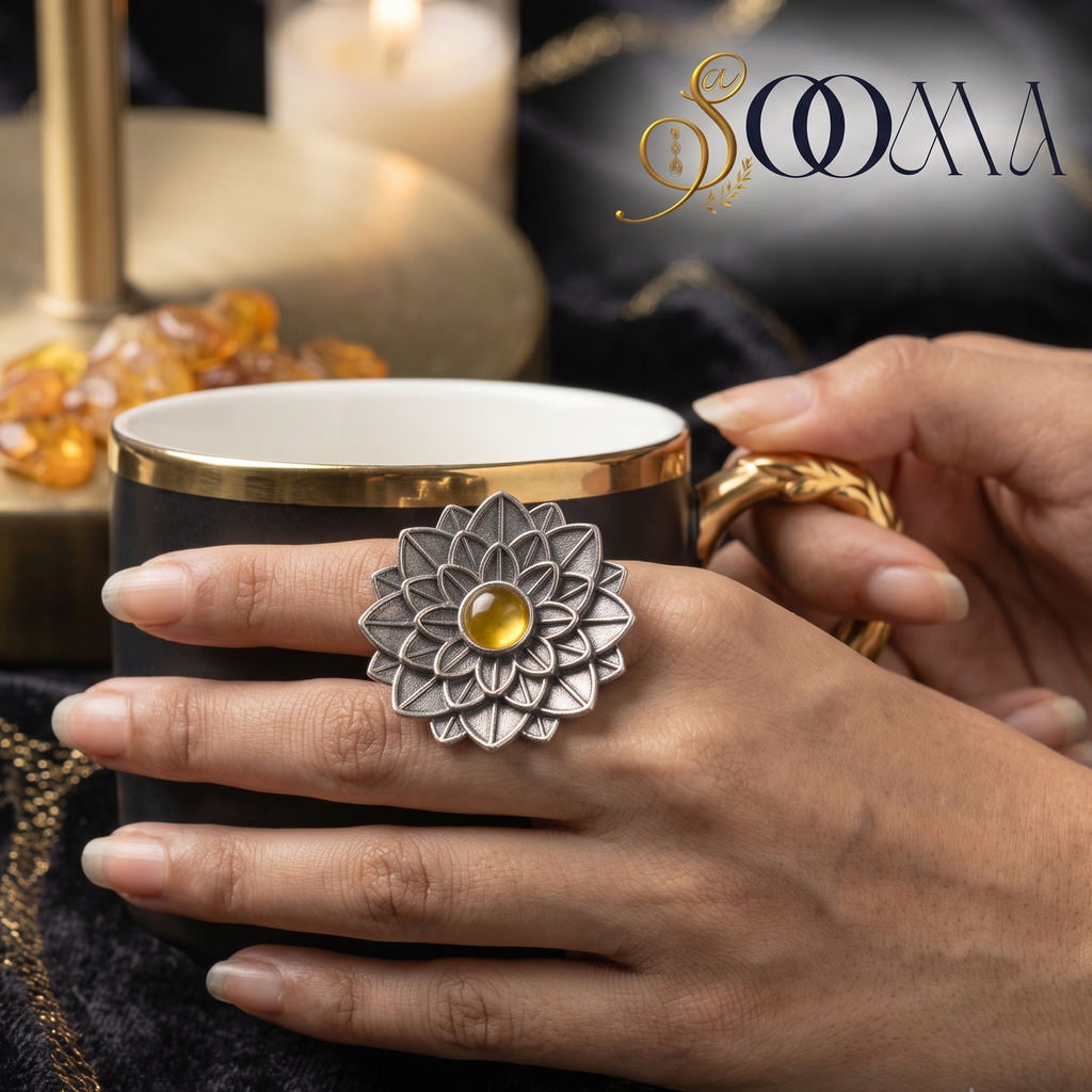 Close-up of model holding a black coffee mug while styling an oxidized silver amber yellow bloom cocktail ring