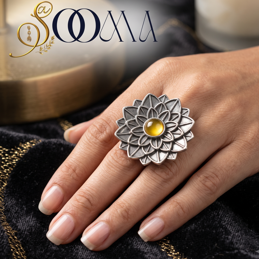 Top perspective view of woman's hand adorned with a large handcrafted silver lotus ring set with a honey yellow gemstone