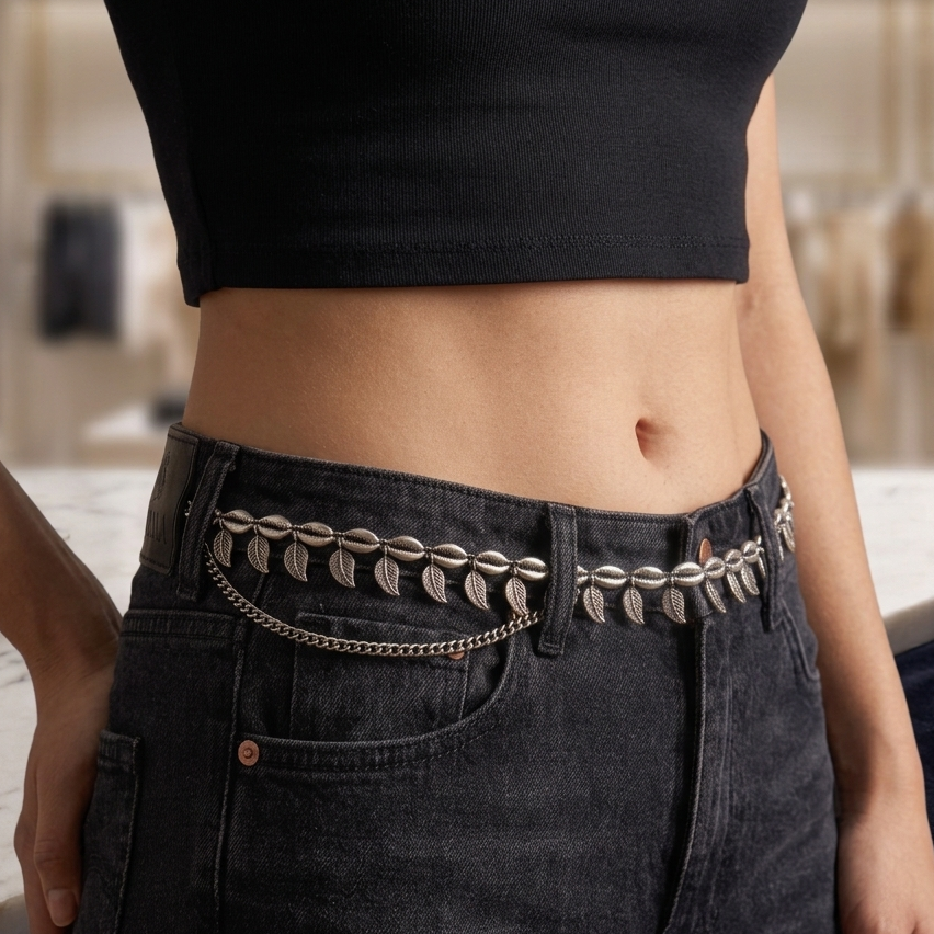 Close-up view of model waist showing oxidized silver leaf drops and cowrie shell links on black jeans