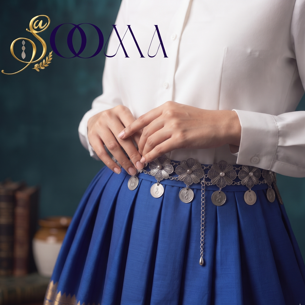 A person wearing a white long-sleeve blouse and a pleated royal blue skirt with a metallic coin belt, posed against a dark teal studio background with decorative books and a vase.