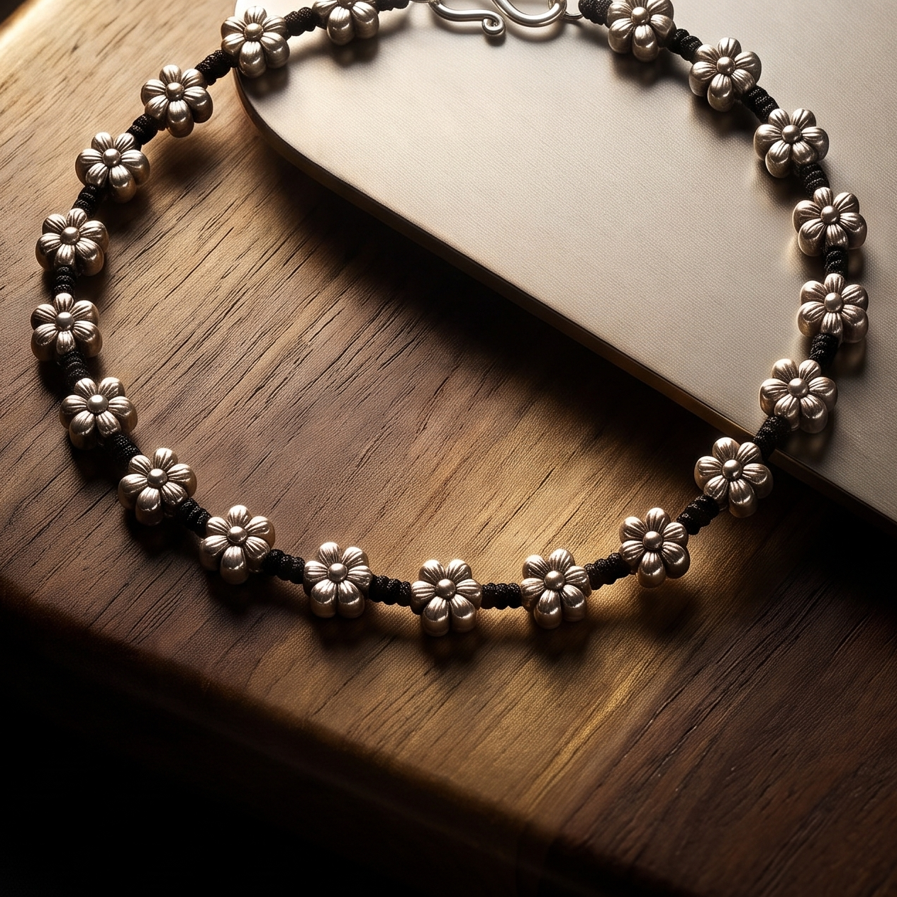 Sooma brand black cord anklet with continuous oxidized silver flower charms displayed flat on wooden tray