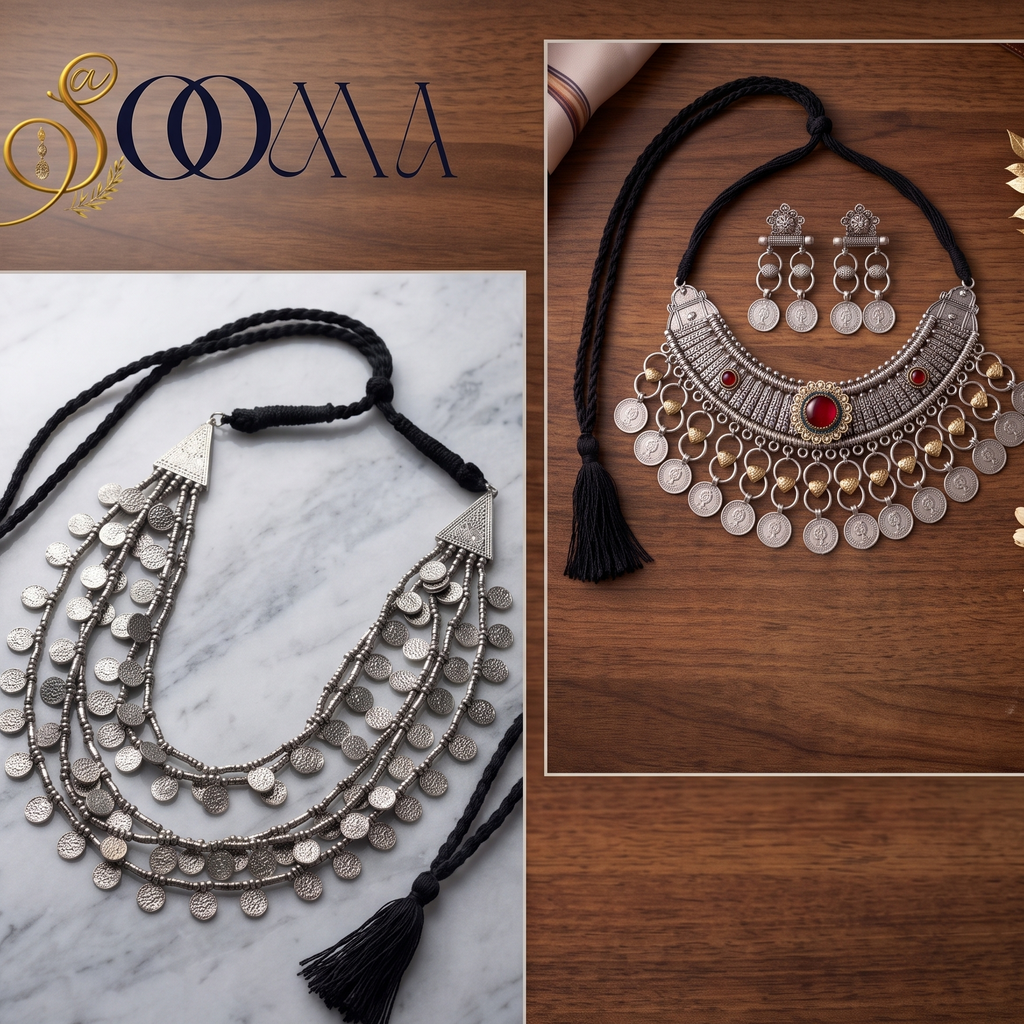 A collage showing a silver-toned coin necklace with black cords and tassels, along with matching earrings, presented on a wood and marble background. The brand name 'SOOMA' appears in the top left corner.