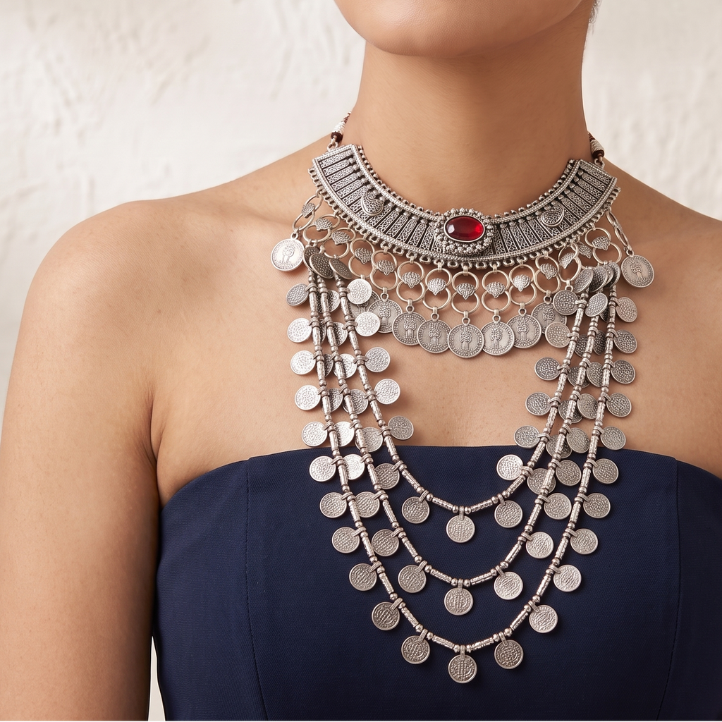 The Rajkumari Tribal Ruby Choker & Multi-Coin Necklace Stack 16