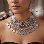A close-up of a model wearing an ornate silver-toned statement necklace with dangling coin charms, red gemstone accents, and gold-toned heart-shaped details, paired with matching drop earrings.