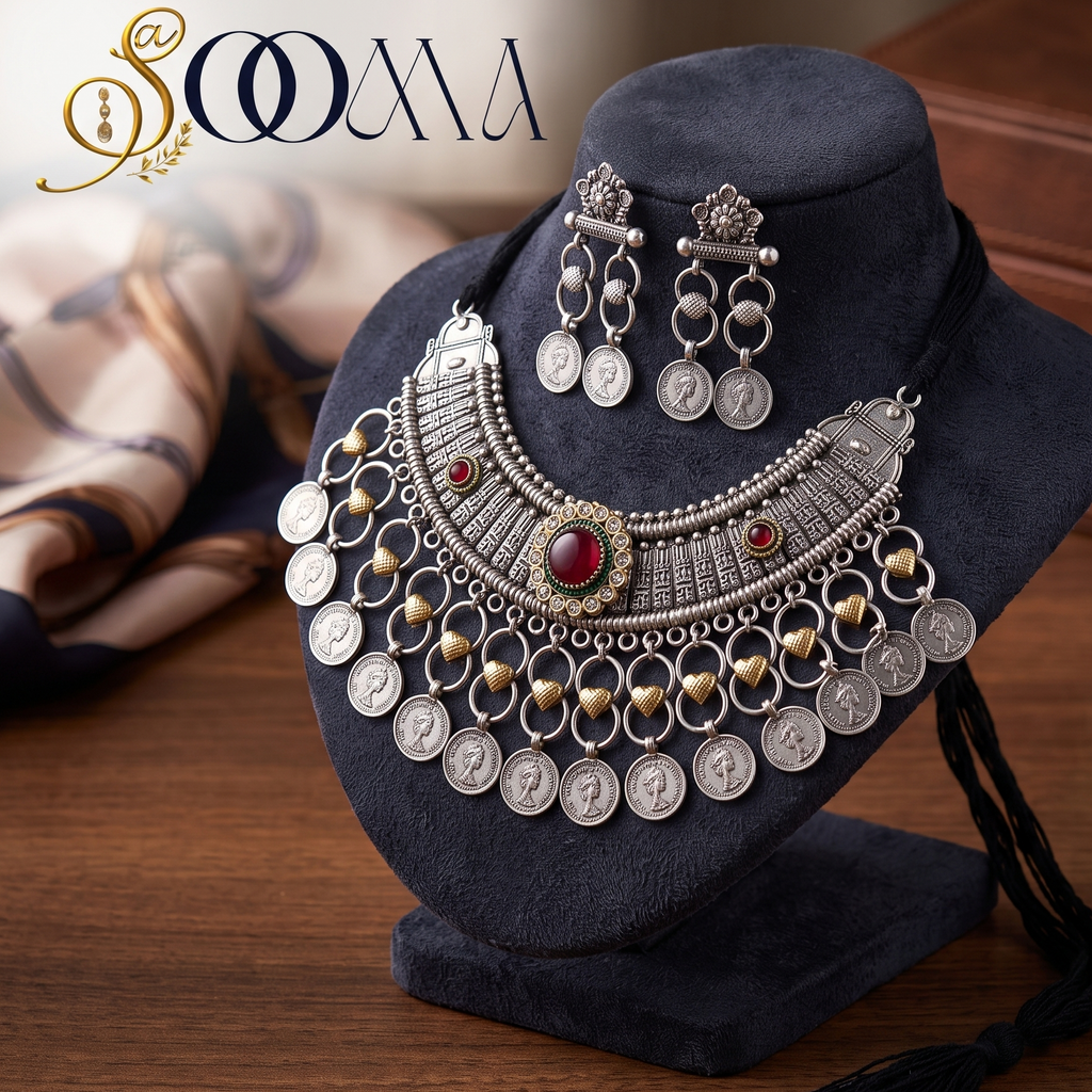 An ornate silver-toned tribal-style necklace and matching drop earrings displayed on a dark velvet jewelry bust. The necklace features multiple dangling coin-shaped charms, beaded fringe, and red gemstone accents, with a black tassel hanging from the base.