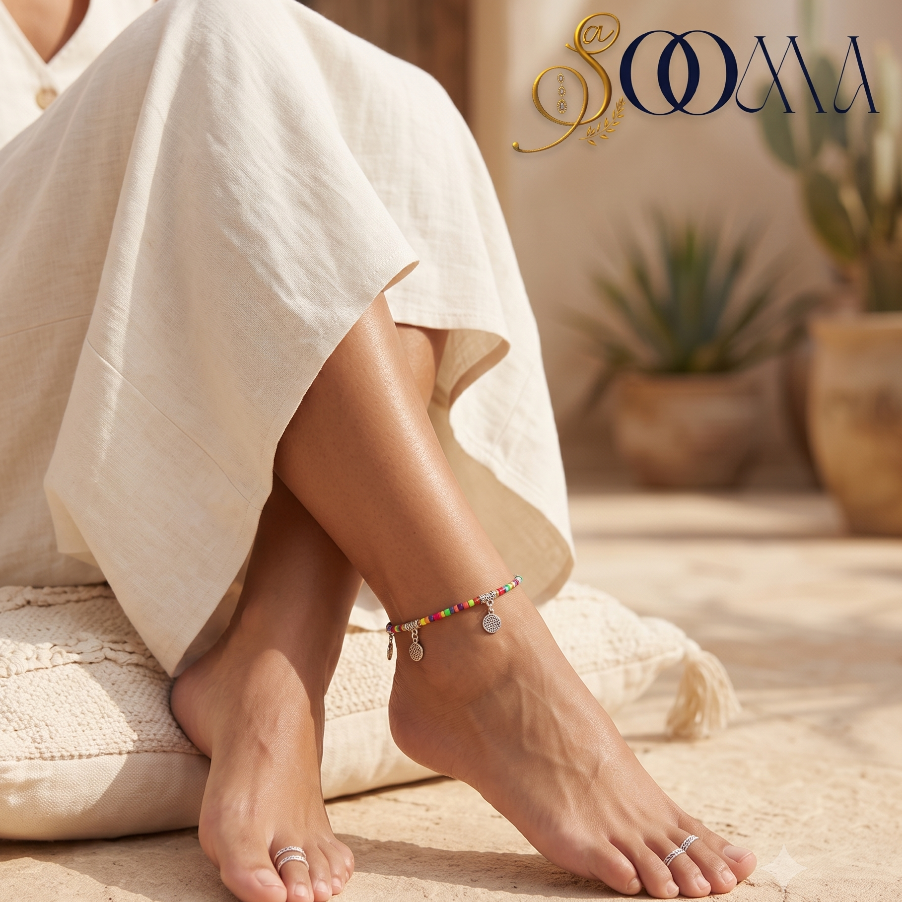 Model in white linen dress wearing vibrant multicolor seed bead anklet with silver coin charms