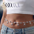 Model in white ribbed tank top and jeans wearing adjustable silver starfish belly chain