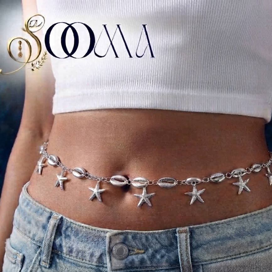 Model in white ribbed tank top and jeans wearing adjustable silver starfish belly chain