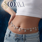 Side view of model wearing silver waist chain with starfish and cowrie shell charms styled over denim