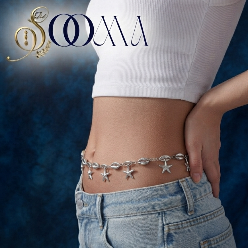 Front view close-up of model torso wearing silver ocean charm waist chain kamarbandh