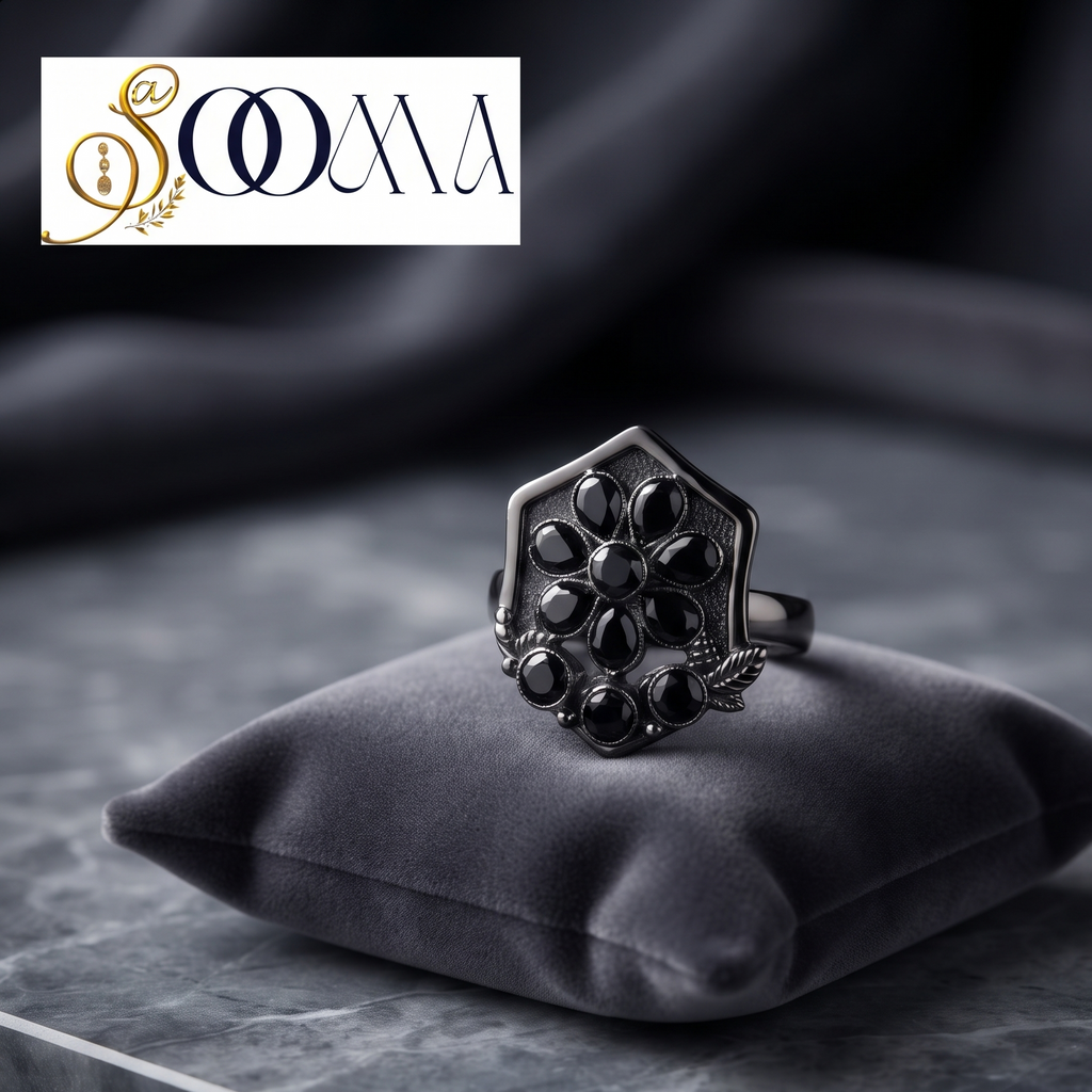 Sooma brand handcrafted blackened silver hexagonal shield black onyx toe ring displayed flat on grey velvet pillow