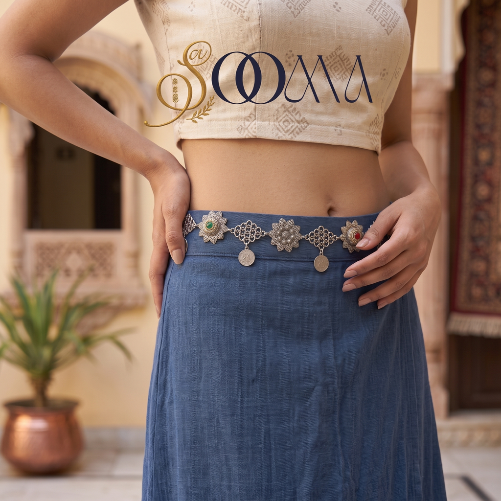Model posing in courtyard wearing handcrafted oxidized silver stone and coin waistbelt over blue skirt