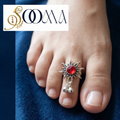 Oxidized Silver Ruby Red Sunburst Ghungroo Toe Ring Bichhiya | Sooma, TR00022
