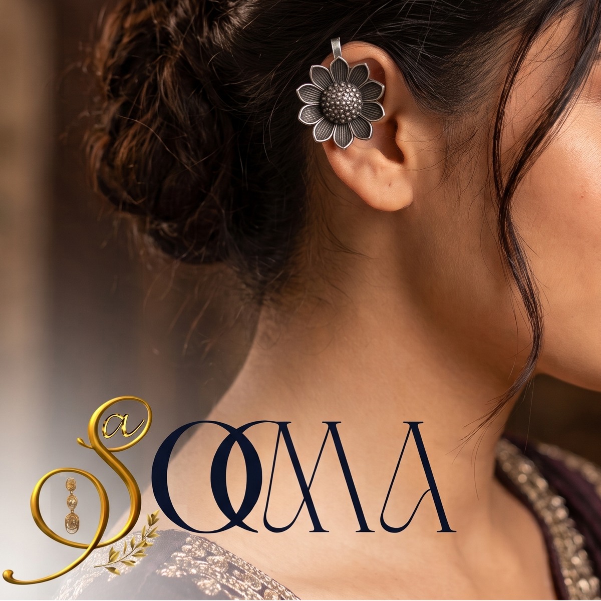 Side profile view of model wearing a clip-on silver sunflower bugadi ear cuff paired with ethnic embroidered saree