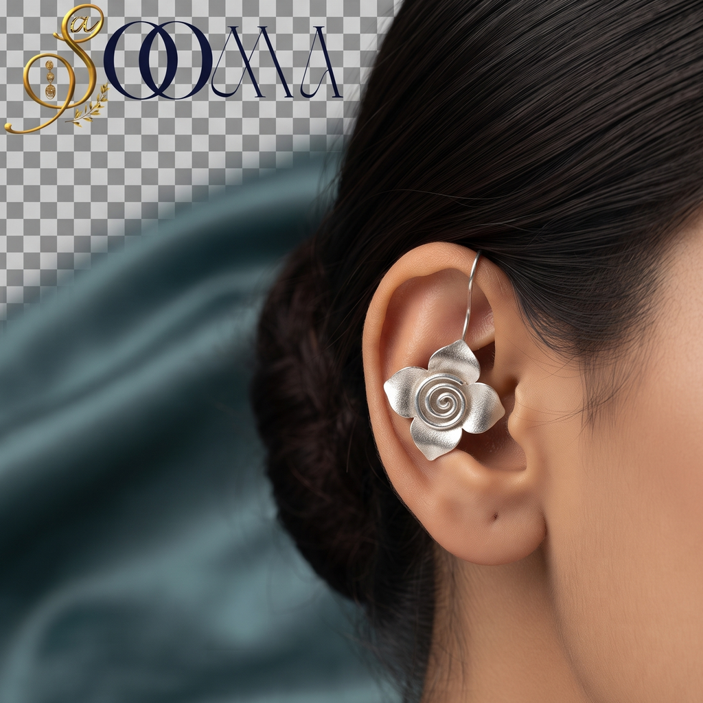 Side profile of woman styling a non-piercing oxidized silver spiral bloom bugadi ear cuff on her outer helix cartilage