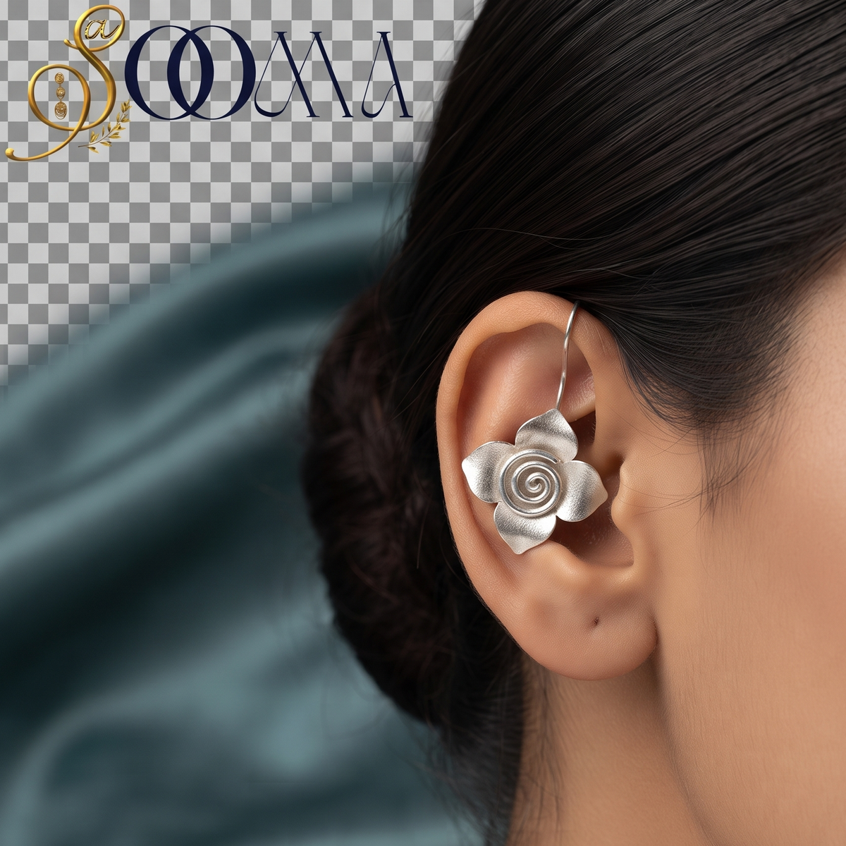 Side profile of woman styling a non-piercing oxidized silver spiral bloom bugadi ear cuff on her outer helix cartilage