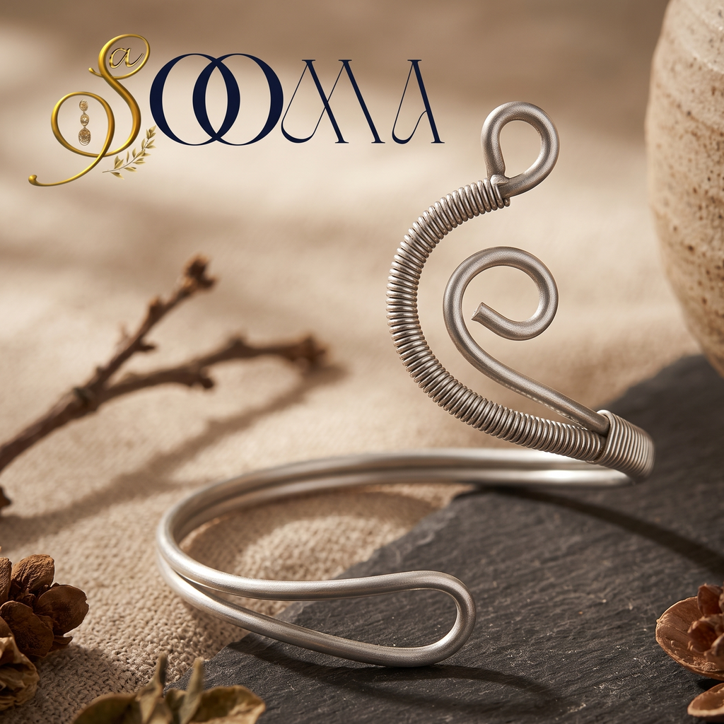 Sooma brand flat lay view of handcrafted wire-wrapped spiral wave oxidized silver ankle cuff on dark stone slab