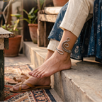Close-up view of model legs seated on stone steps styling the wire-wrapped spiral wave silver ankle cuff with leather sandals