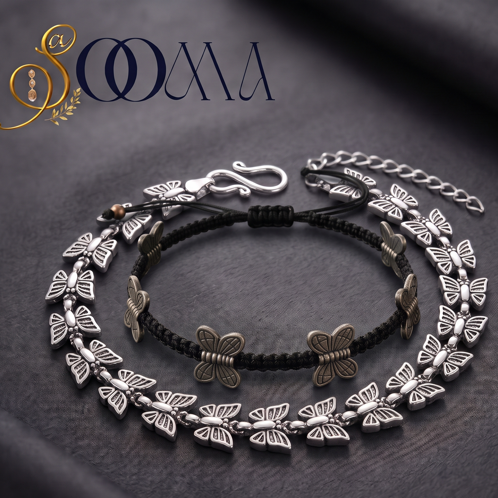 Sooma brand flat lay view of 2-piece ankle stack featuring braided cord butterfly anklet and full silver linked butterfly chain on dark grey backdrop