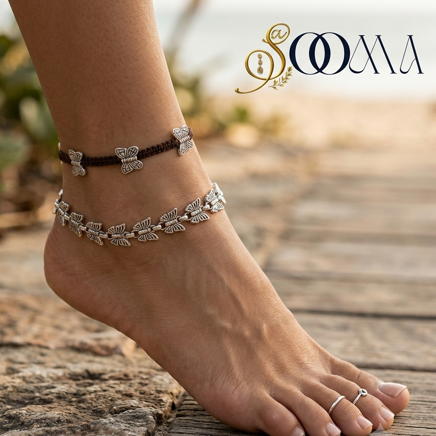 Side perspective view of model foot resting on boardwalk wearing a double butterfly cord and silver chain anklet stack