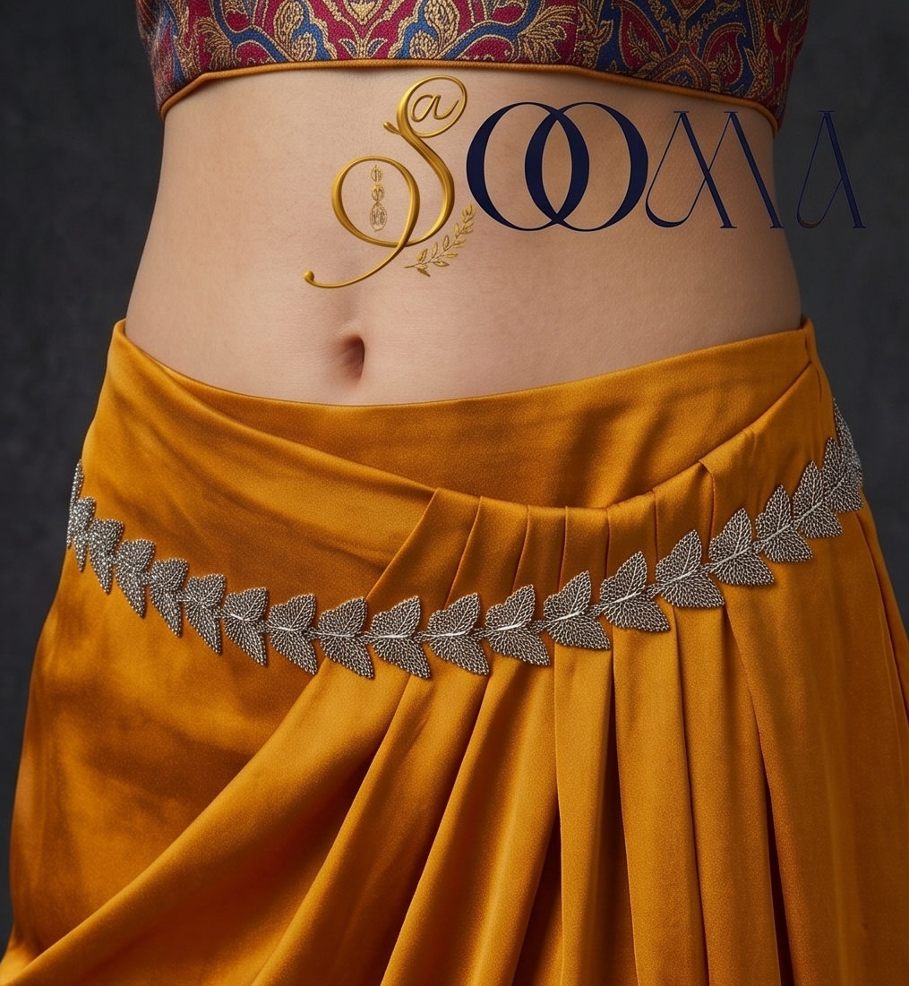 Front view close-up showing oxidized silver textured butterfly link waist chain cinching mustard yellow draped skirt