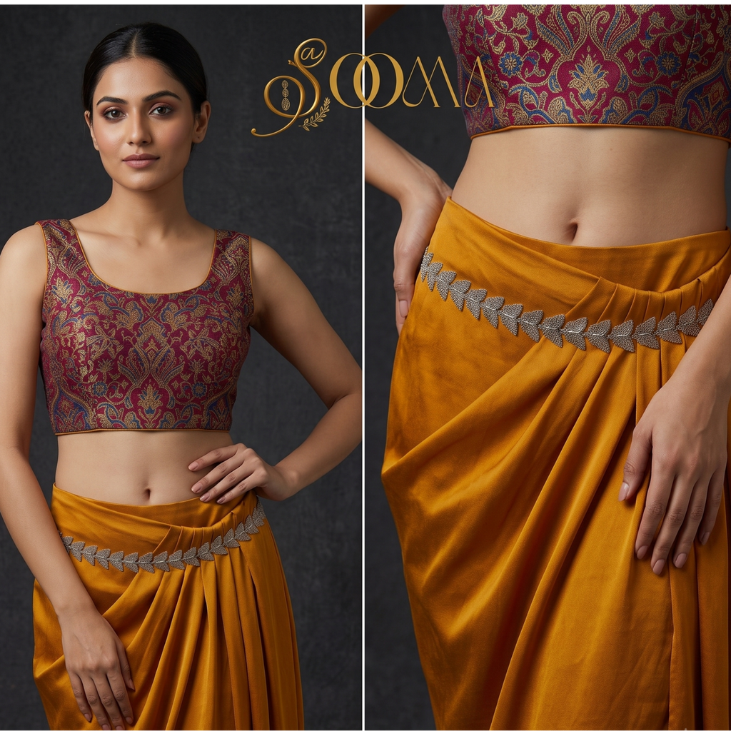 Model in printed brocade blouse and mustard yellow skirt wearing handcrafted oxidized silver butterfly waist belt