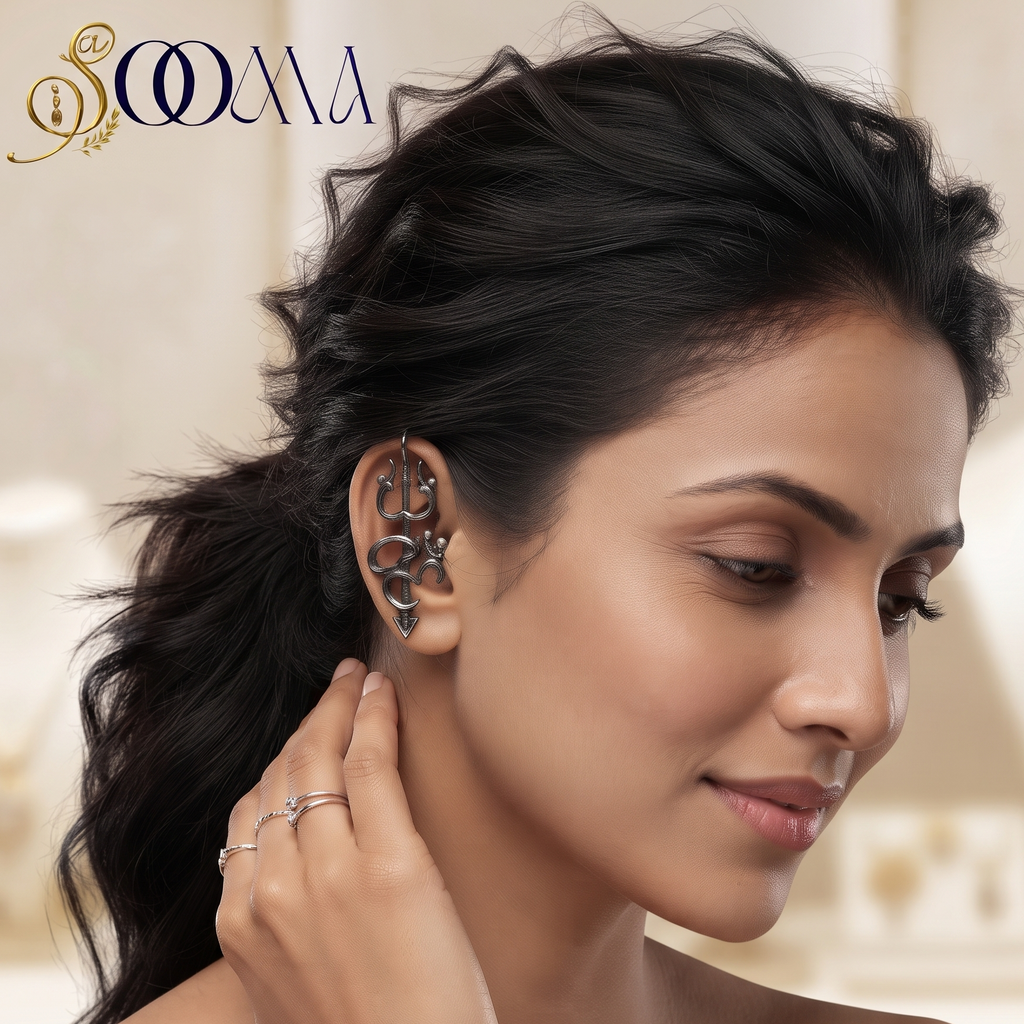 Close-up portrait of model smiling while styling a clip-on silver Trishul Om arrow ear cuff on her helix without piercing