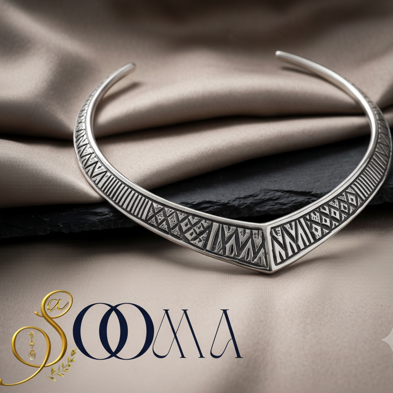 Sooma brand oxidized silver geometric V-neck Hasli choker displayed flat on beige satin fabric