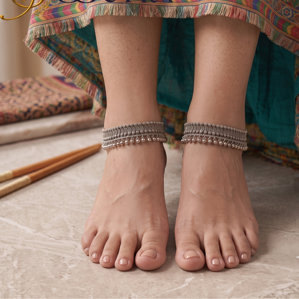 Front view of model wearing broad handcrafted oxidized silver tribal anklets pair paired with colorful ethnic skirt