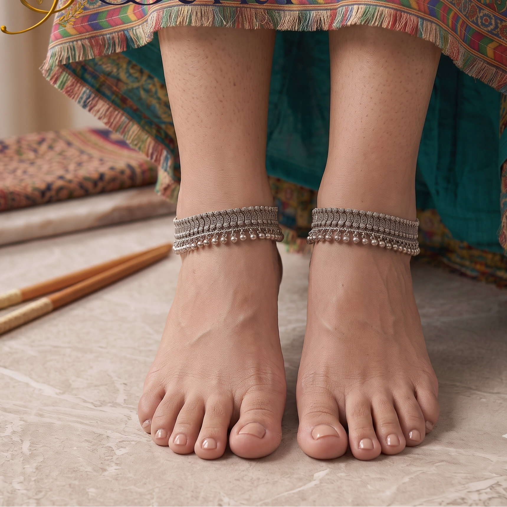 Front view of model wearing broad handcrafted oxidized silver tribal anklets pair paired with colorful ethnic skirt