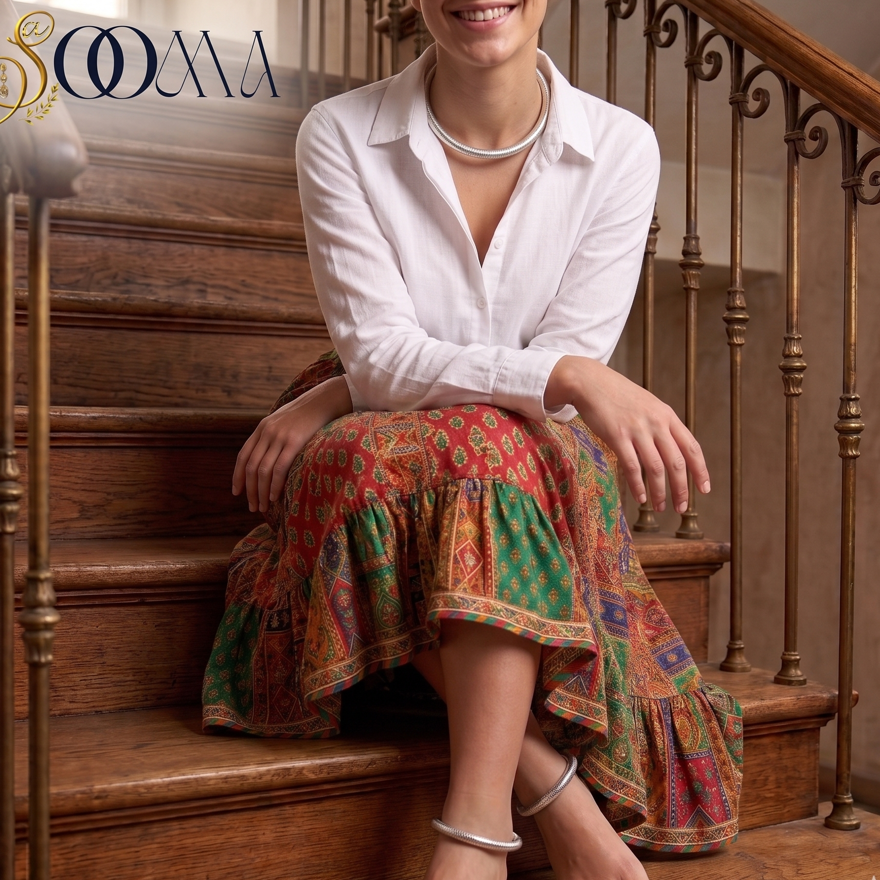 Front view of model styling textured silver Hasli choker necklace and matching ankle kada set