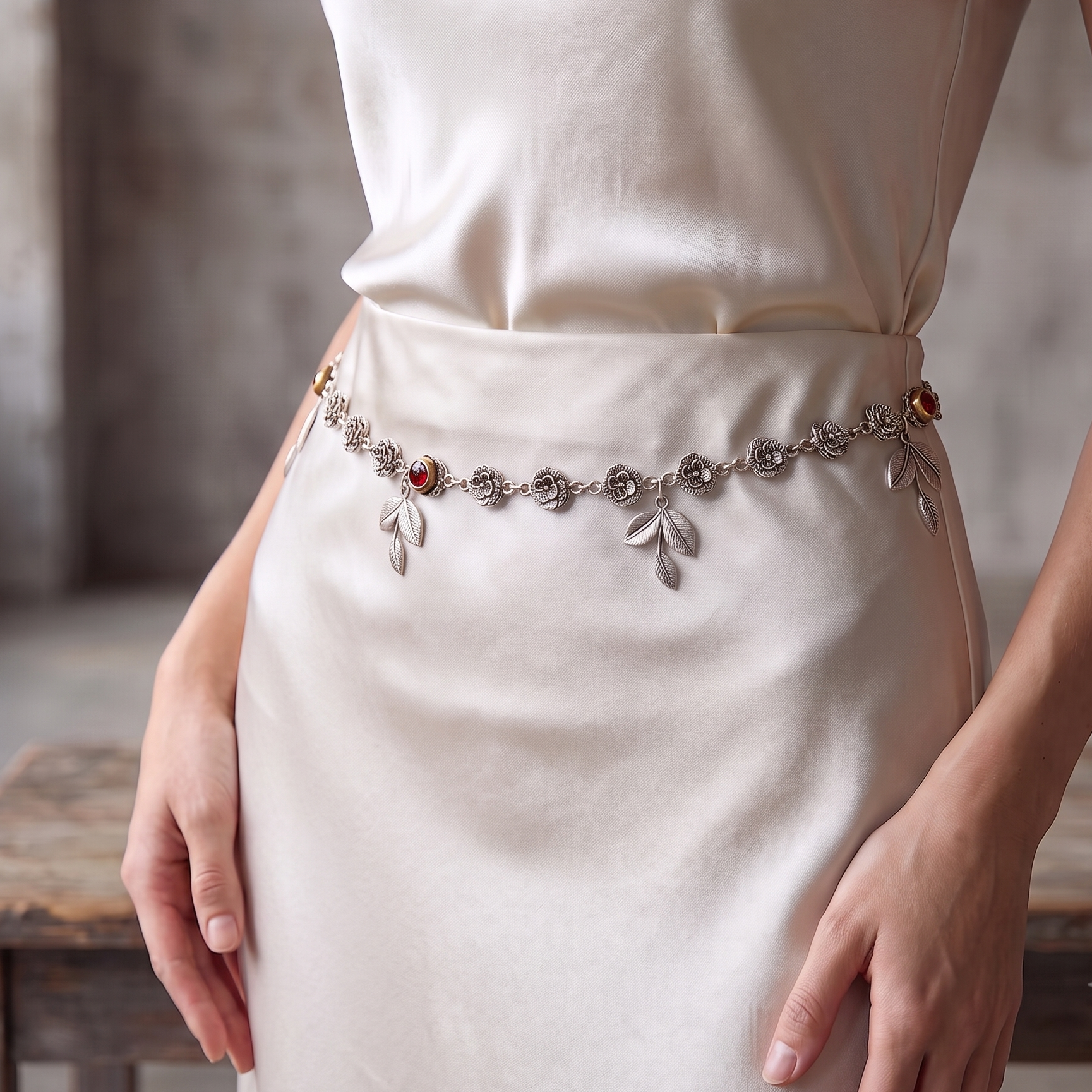 Model wearing handcrafted oxidized silver floral leaf waistbelt over a cream satin dress