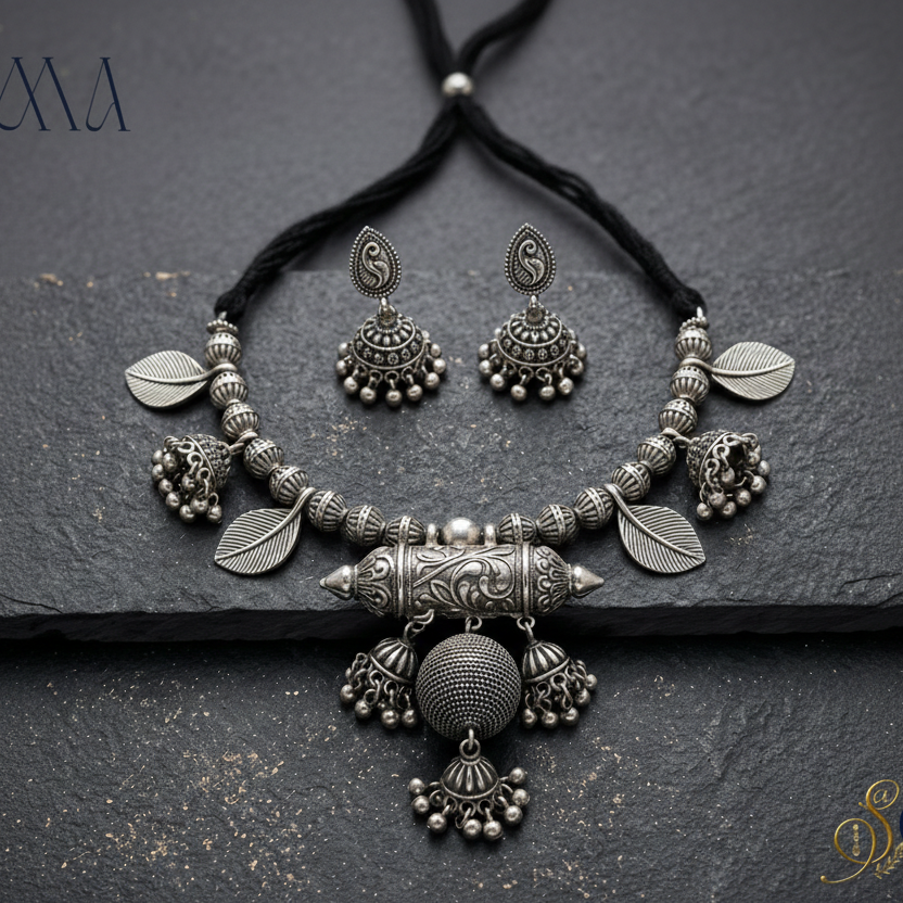 An antique silver-toned jewelry set featuring a necklace with a large cylindrical pendant, leaf-shaped beads, and matching jhumka earrings, displayed on a dark textured slate background. The brand logo 'SOOMA' is visible in the top left corner.