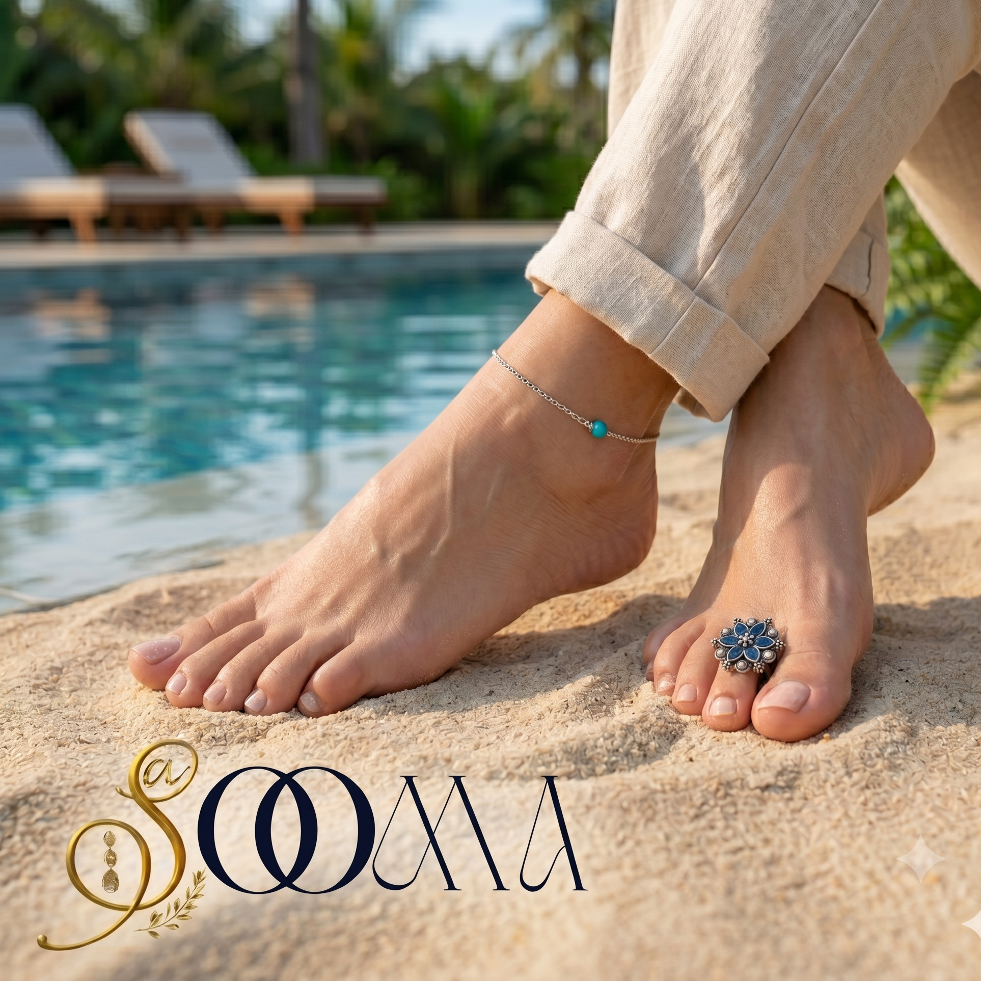 Feet with anklets and a ring by a poolside, featuring the brand 'Sooma'.
