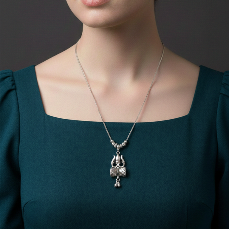 Woman wearing a Shiva Trishul Pendant Set