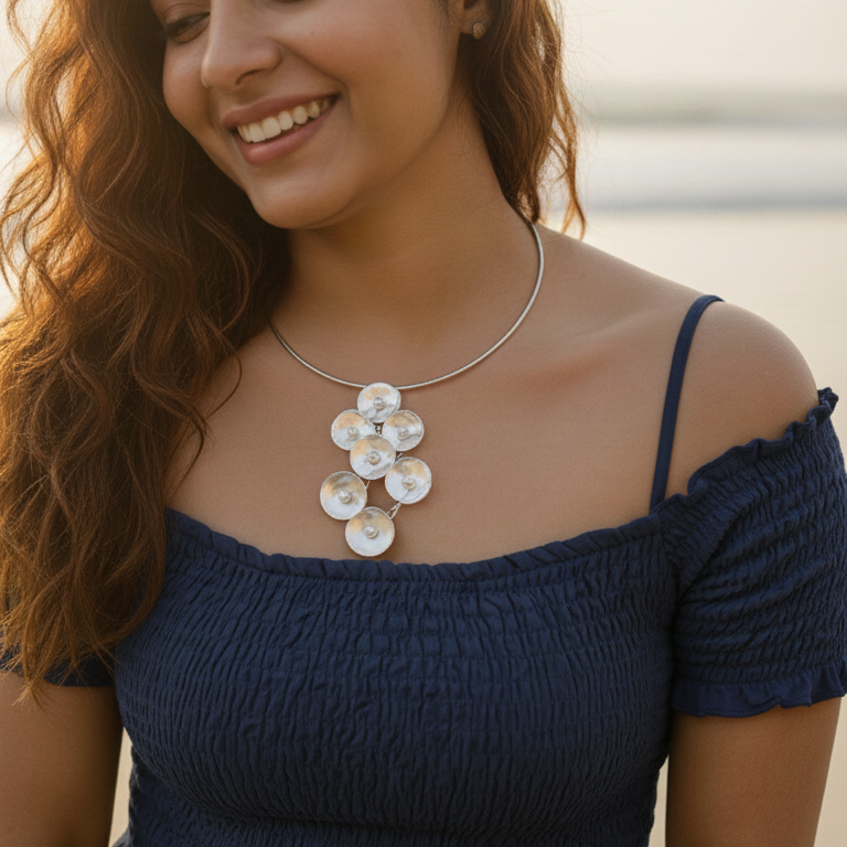 Woman wearing a blue top and Elegant Silver Look Hasli Necklace Choker for women, versatile office to weekend wear.