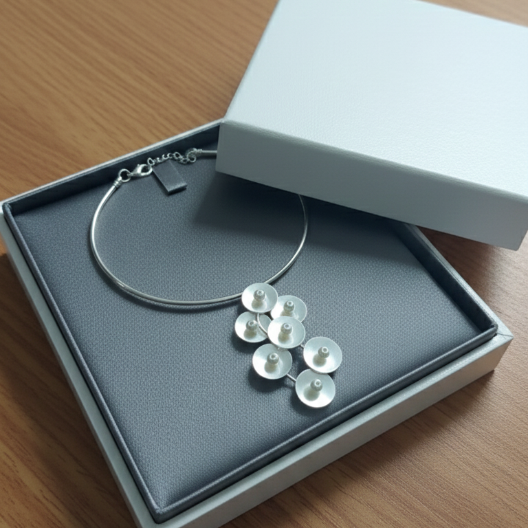 Elegant Silver Look Hasli Necklace Choker for women, in an open box.