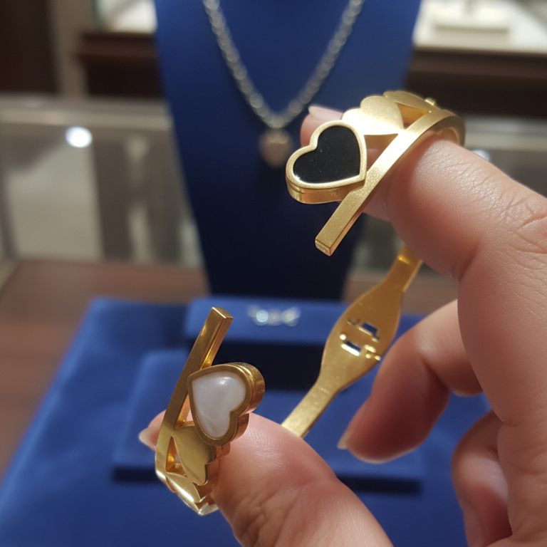 A hand opening gold heart bracelet, suitable for professional attire.