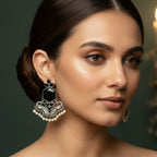 Woman wearing close-up of a woman wearing Oxidised silver-tone ethnic earrings with detailed craftsmanship.