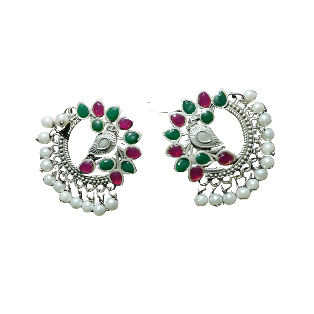 Pair of red ,green stone & pearls earrings for women .