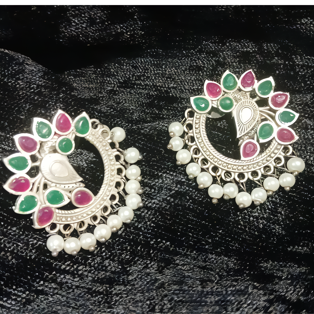Silver oxdised stud earrings in green ,pink kundan stones & pearls 