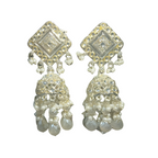 Pair of partywear ornate earrings  for women with square top and dangling pearl-like beads 